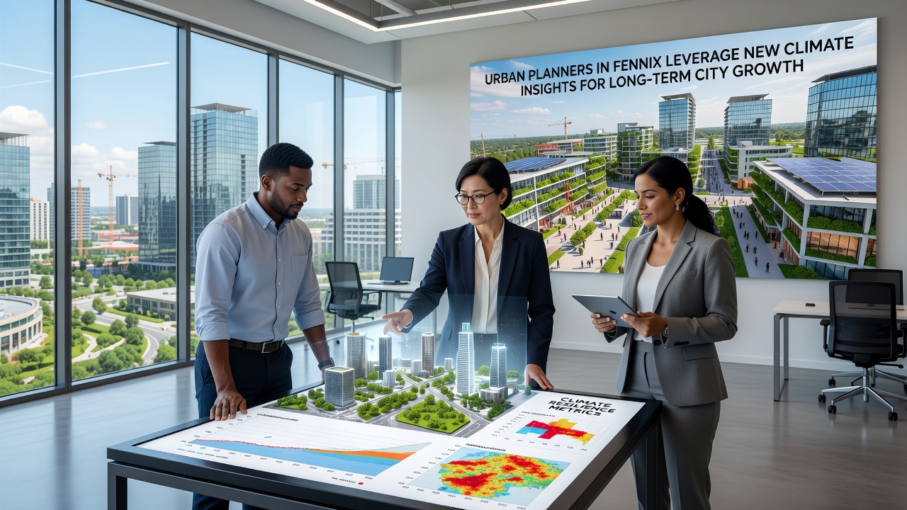 City officials and planners discussing long-term growth strategies using climate data in Fennix